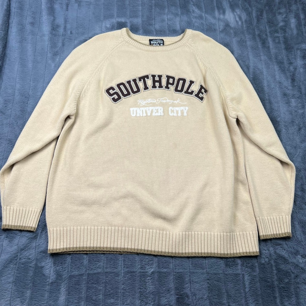 Southpole Mens XXL Cream Knit Sweater Univer City Embroidered Raglan Crewneck